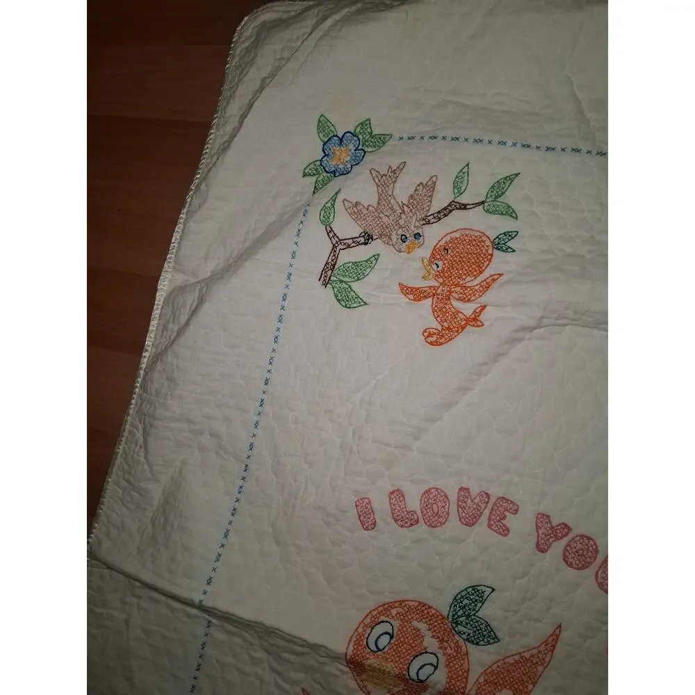Vintage Disney Quilt Hand Embroidered Orange Bird Nursey Baby Quilt